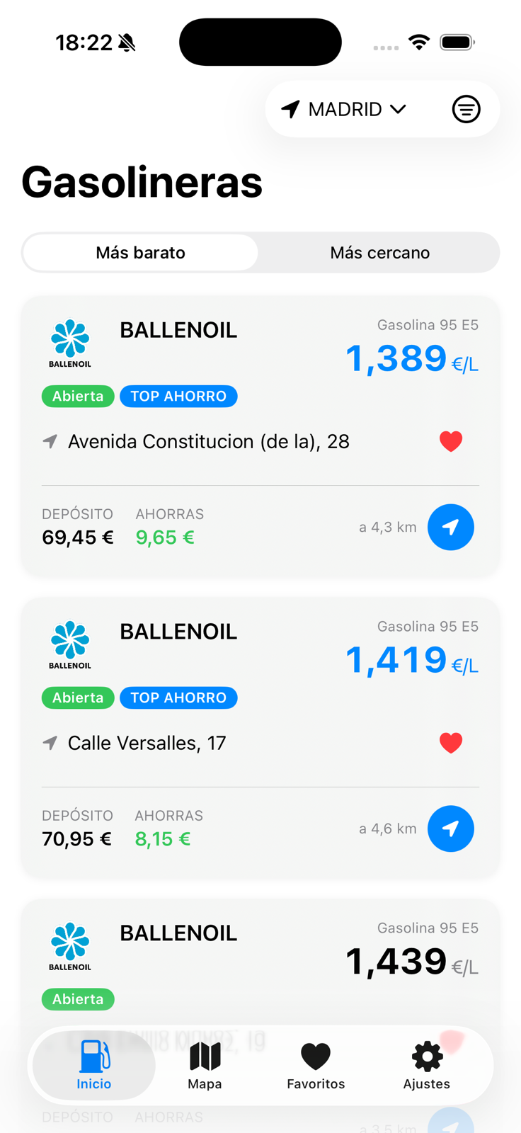 Lista de CholloGas con gasolineras ordenadas por precio o cercanía, precios por litro, distancia y filtros por zona.