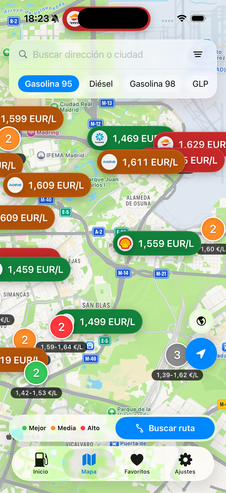 Mapa de CholloGas con gasolineras cercanas, precios por litro, filtros de combustible y botón para buscar ruta.