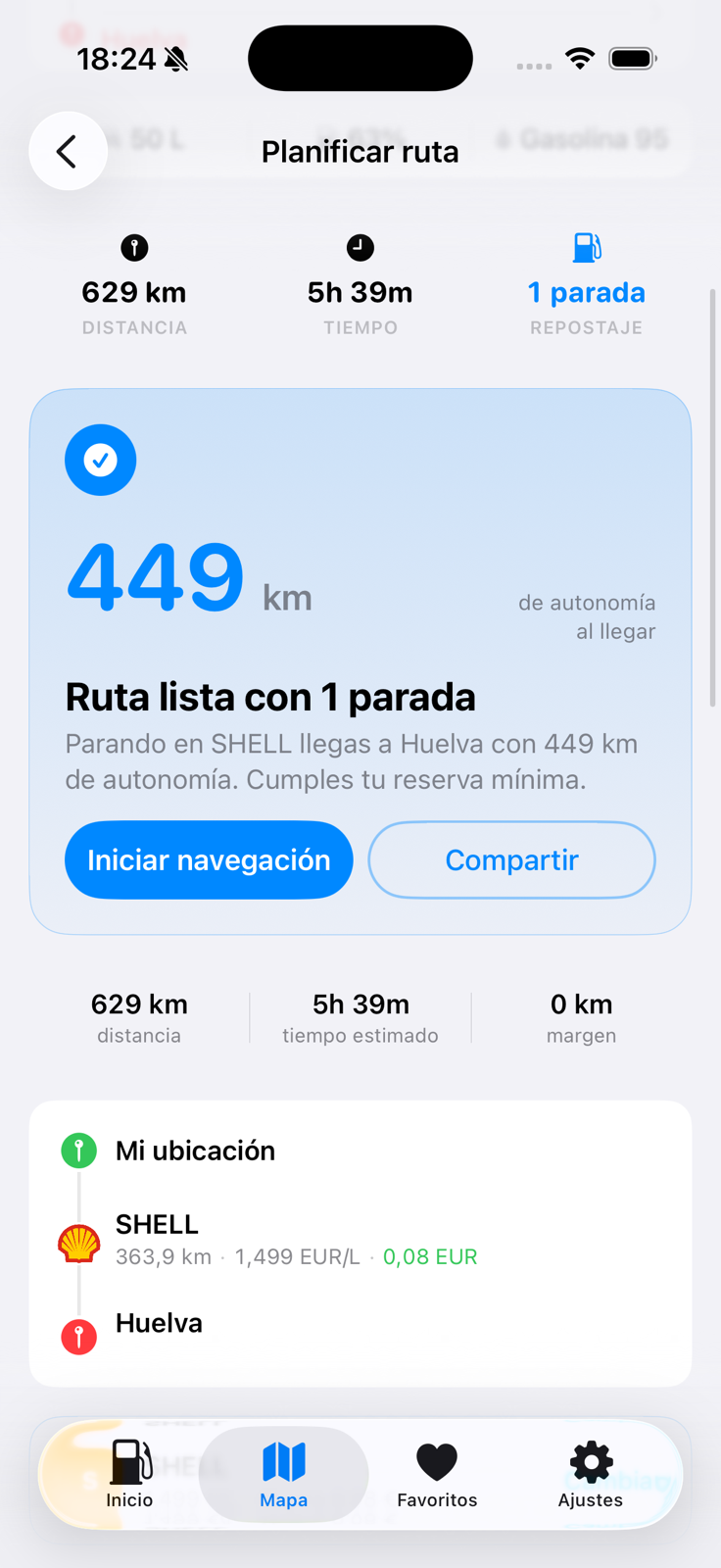 Planificador de rutas de CholloGas con autonomía, distancia, tiempo estimado y una parada recomendada para repostar.